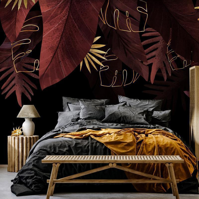 34,00 € Fotobehang - Jungle and composition - red and gold leaf motif on black background