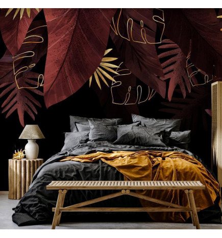 Mural de parede - Jungle and composition - red and gold leaf motif on black background