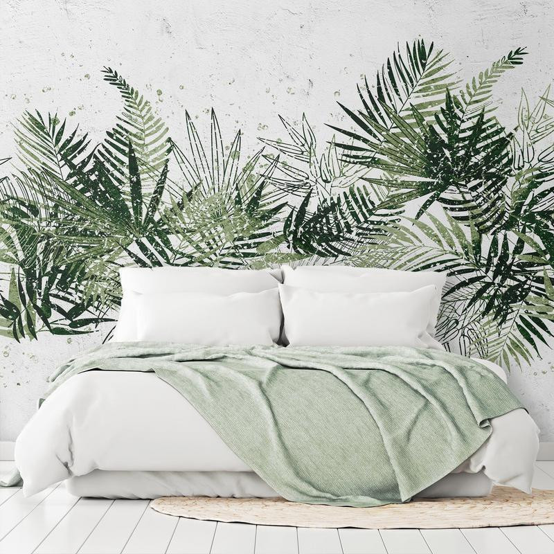 34,00 €Mural de parede - Jungle and green plume - large tropical leaves on a white background