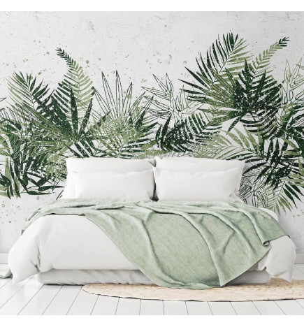 Fotomural - Jungle and green plume - large tropical leaves on a white background