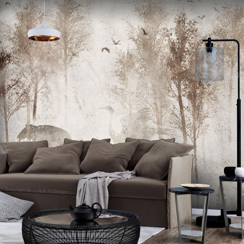34,00 €Mural de parede - Among the trees - landscape in grey tones in fog in a clearing with birds