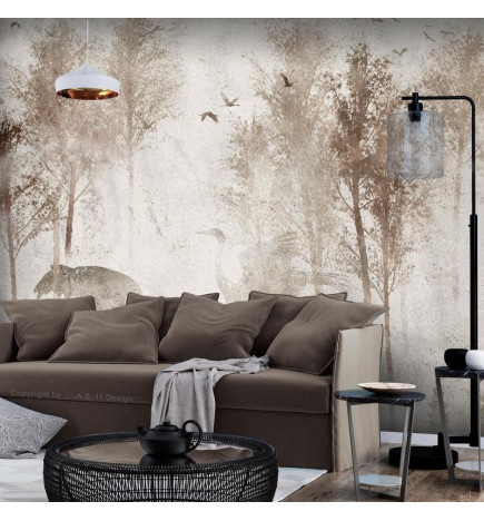 Wall Mural - Among the trees - landscape in grey tones in fog in a clearing with birds