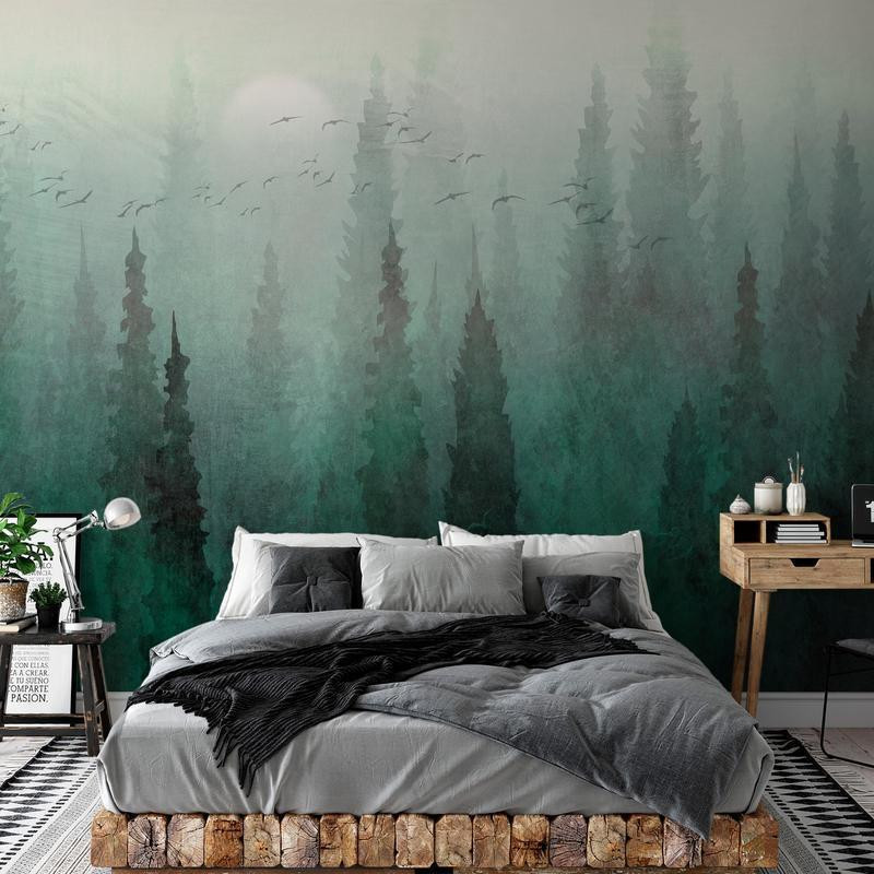 34,00 € Wall Mural - Birds eye perspective - landscape of a green forest with trees in the mist