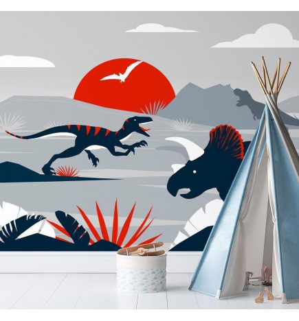 Wall Mural - Last dinosaurs with red - abstract landscape for a room