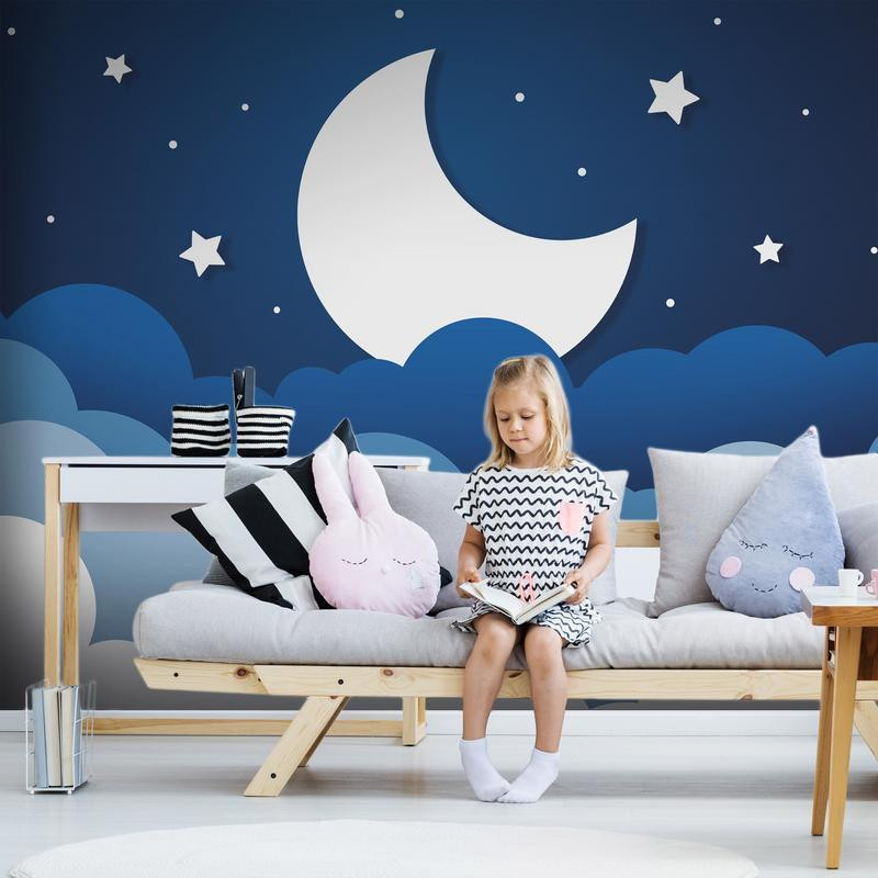 34,00 € Fototapetas - Moon dream - clouds on a dark blue sky with stars for children