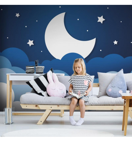 Mural de parede - Moon dream - clouds on a dark blue sky with stars for children