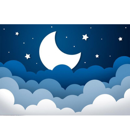 Fototapeet - Moon dream - clouds on a dark blue sky with stars for children