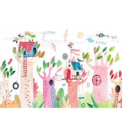 Fototapet - Painted tree houses - a colourful fantasy with kites for children