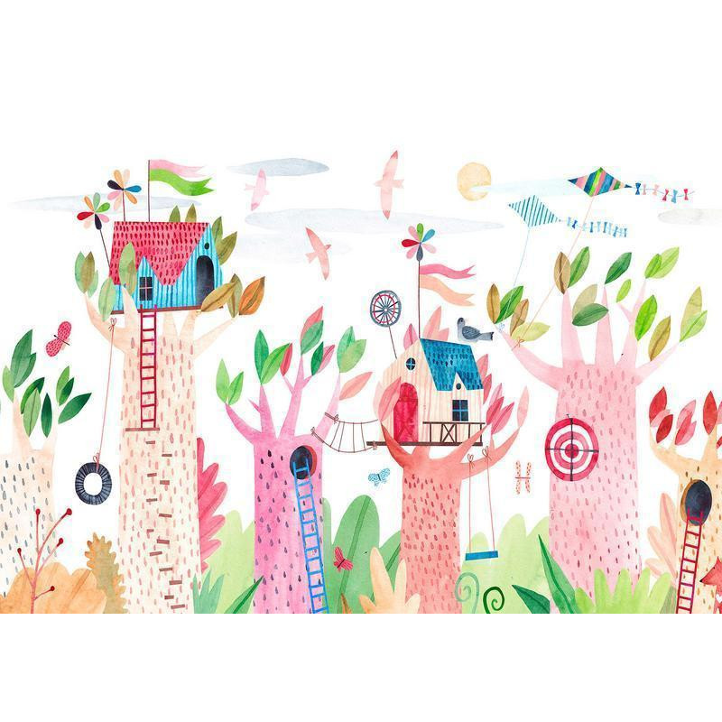 34,00 € Fotobehang - Painted tree houses - a colourful fantasy with kites for children