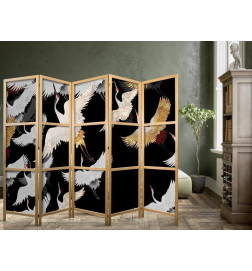 Japanese Room Divider - Cranes at Night - Golden-White Birds Flying Away on a Black Background
