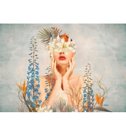 Fototapet - Nature in thought - female figure among flowers on a patterned background