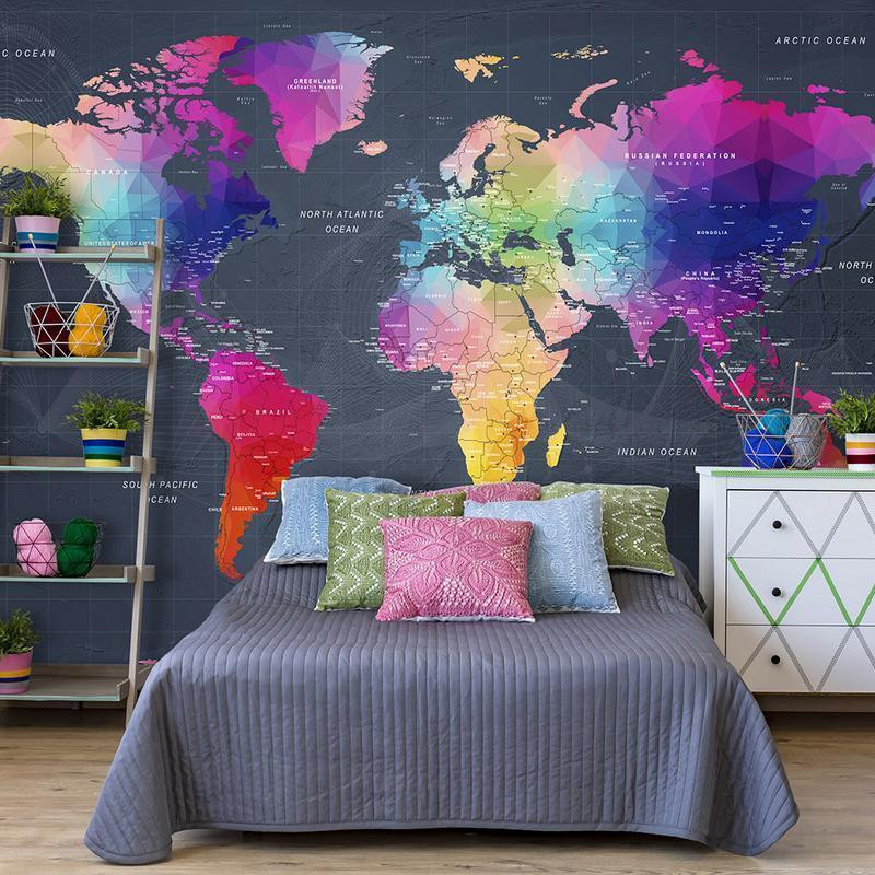 34,00 € Fotobehang - Coloured world map - geometric outline with inscriptions in English