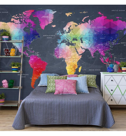 Fototapete - Coloured world map - geometric outline with inscriptions in English