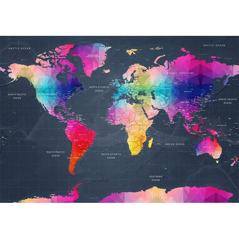 34,00 €Mural de parede - Coloured world map - geometric outline with inscriptions in English