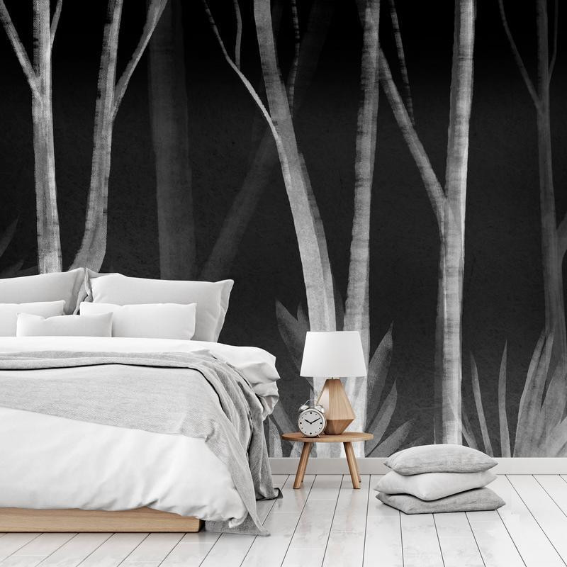 34,00 €Mural de parede - Noise of the forest at night - minimalist landscape of white trees on a black background