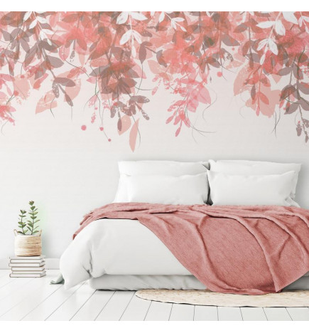34,00 € Fotobehang - Under vegetation - hanging vines of pink leaves on a neutral background