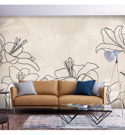 Fototapet - Sketch of nature - minimalist lineart with lily flowers on a beige background