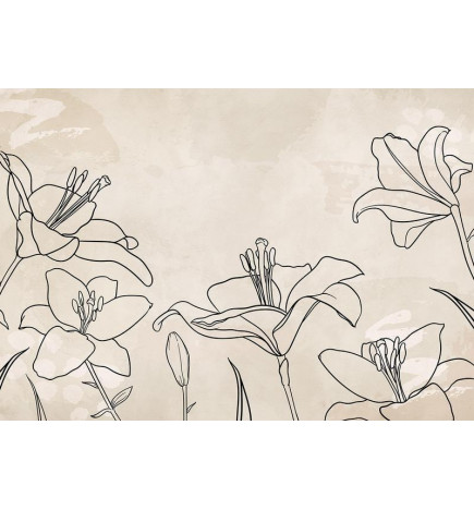 Fototapet - Sketch of nature - minimalist lineart with lily flowers on a beige background