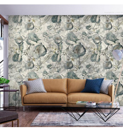 Fototapete - Autumn souvenirs - cool grey floral pattern with leaves
