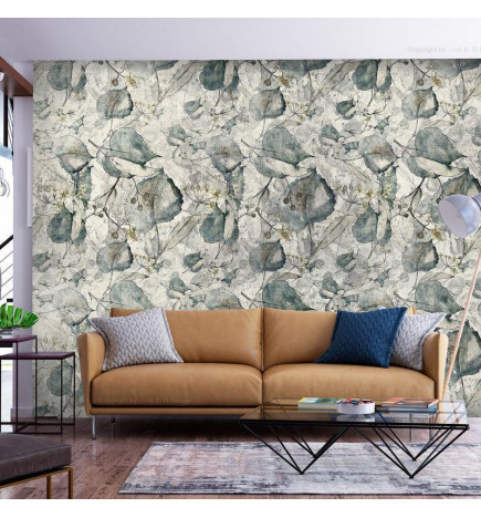 Fotomural - Autumn souvenirs - cool grey floral pattern with leaves