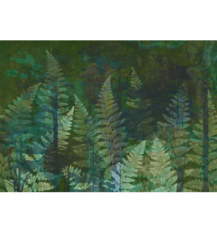 Papier peint - Green abstraction in the forest - fern leaves in the trunks with patterns