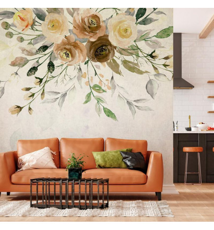 Mural de parede - Summer bloom - retro floral motif with flowers and leaves with patterns
