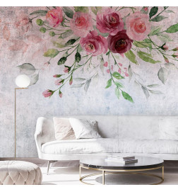 Mural de parede - Summer bloom - plant motif with flowers and leaves in pink tones