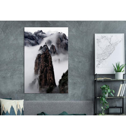 Schilderij - High Mountains in Mist (1-part) - Landscape of Clouds Amid Rocks