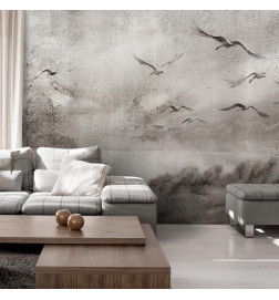Mural de parede - Swan flight - abstract landscape of birds over a lake with texture