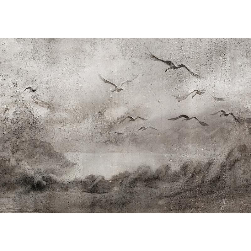 34,00 € Fototapetti - Swan flight - abstract landscape of birds over a lake with texture