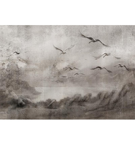 Fotobehang - Swan flight - abstract landscape of birds over a lake with texture