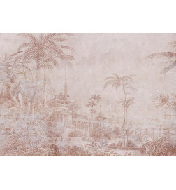 Foto tapete - Landscape with temple - engraving of Indian architecture with palm trees