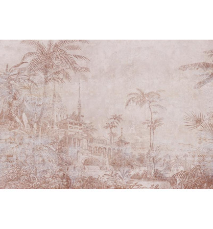 Carta da parati - Landscape with temple - engraving of Indian architecture with palm trees
