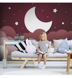 Fototapetti - Moon dream - clouds in a maroon sky with stars for children