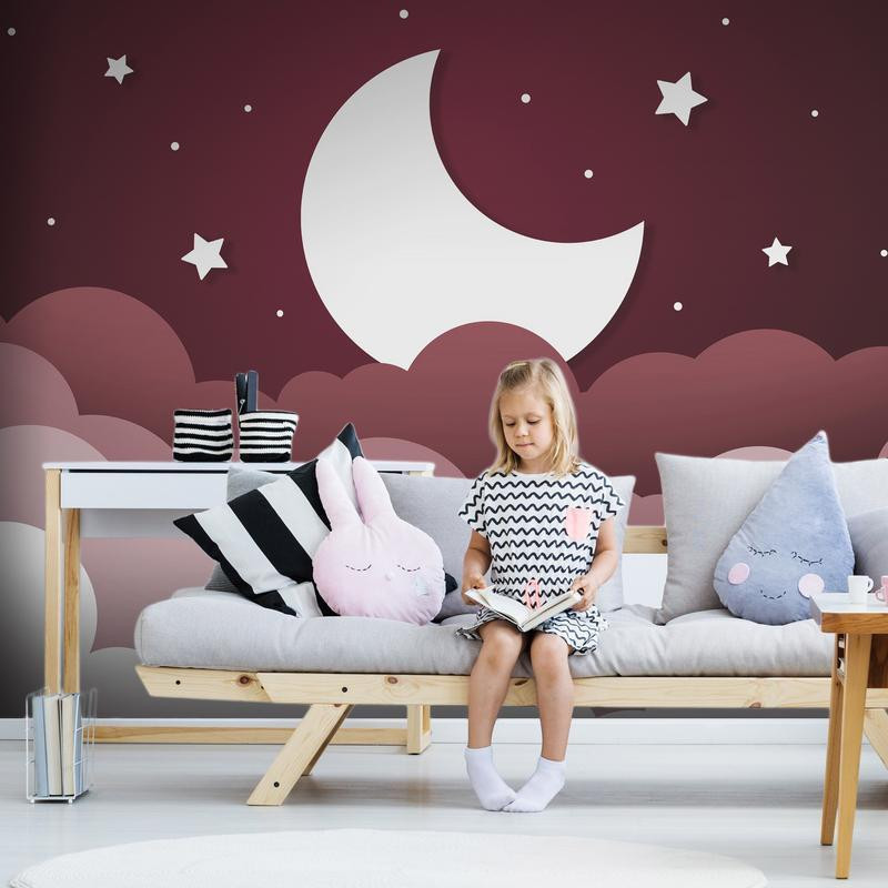 34,00 € Foto tapete - Moon dream - clouds in a maroon sky with stars for children