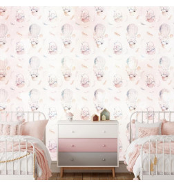 Wall Mural - Solid pattern with feathers - hares in a basket and in a balloon for children