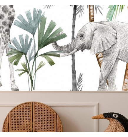 Fototapetti - Jungle Animals Wallpaper for Childrens Room in Cartoon Style