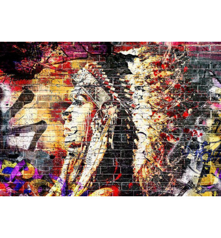 Fototapeet - Street art - colourful graffiti with profile of a woman on a brick background