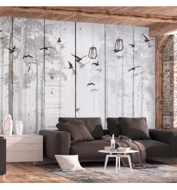 Wall Mural - Minimalist motif - black birds on a white background with wood texture