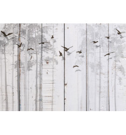 Fototapeet - Minimalist motif - black birds on a white background with wood texture