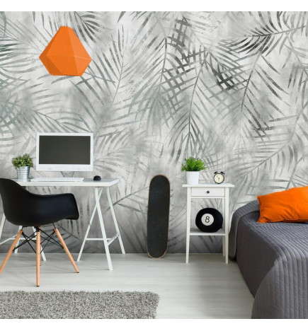 Wall Mural - Minimalist landscape - nature motif with grey exotic leaves