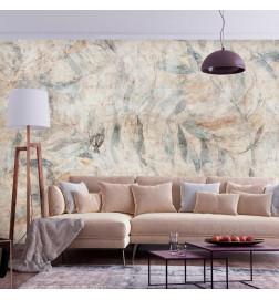 Wall Mural - Greek laurels - faded composition with leaves on a beige patterned background