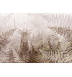 Fototapetas - Forest motif - deer with antlers among fern leaves on concrete pattern