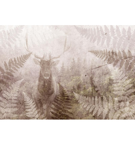 Fototapeta - Forest motif - deer with antlers among fern leaves on concrete pattern