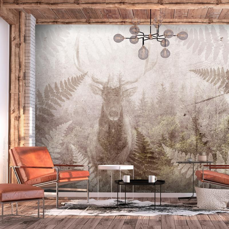 34,00 € Fototapetas - Forest motif - deer with antlers among fern leaves on concrete pattern