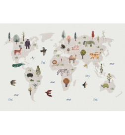 Fotobehang - Beige World - Continents With Animals in Muted Colours