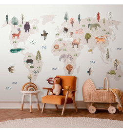 Fototapet - Beige World - Continents With Animals in Muted Colours