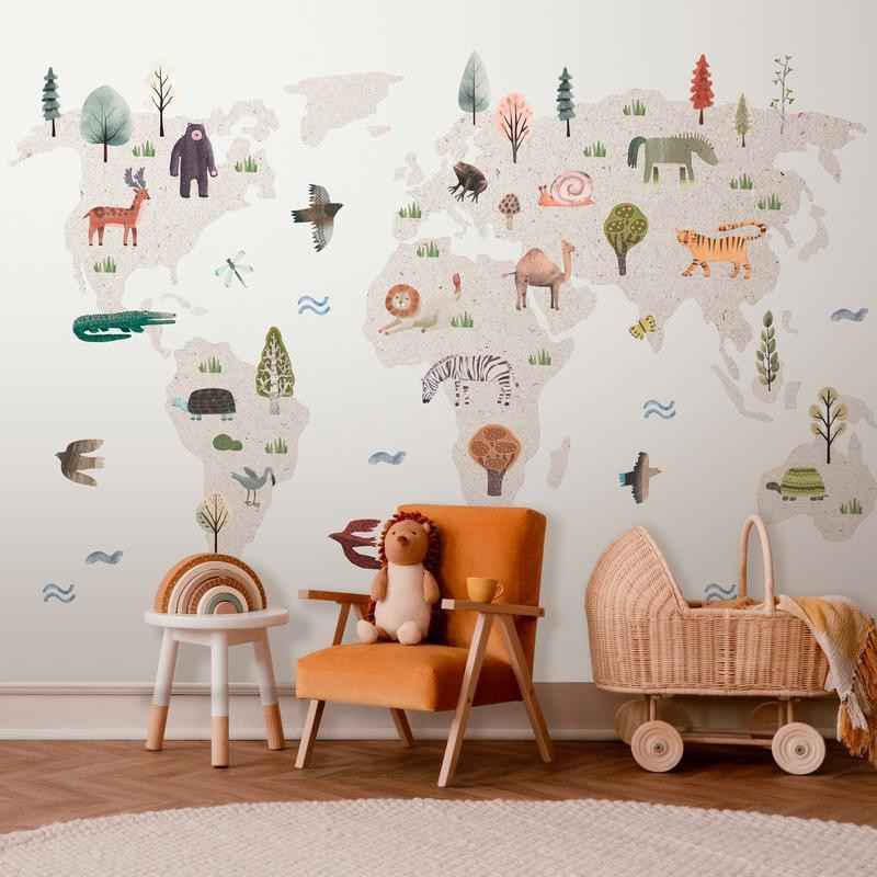 34,00 € Wall Mural - Beige World - Continents With Animals in Muted Colours