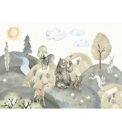 Fotobehang - Green Hills - a Valley With Animals Painted in Watercolours
