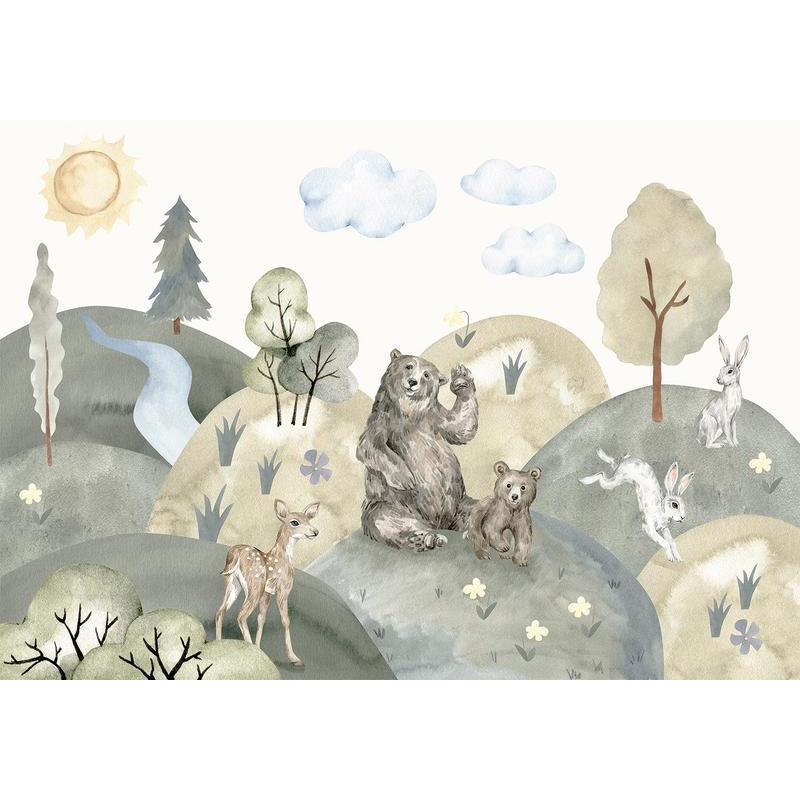 34,00 € Fotomural - Green Hills - a Valley With Animals Painted in Watercolours